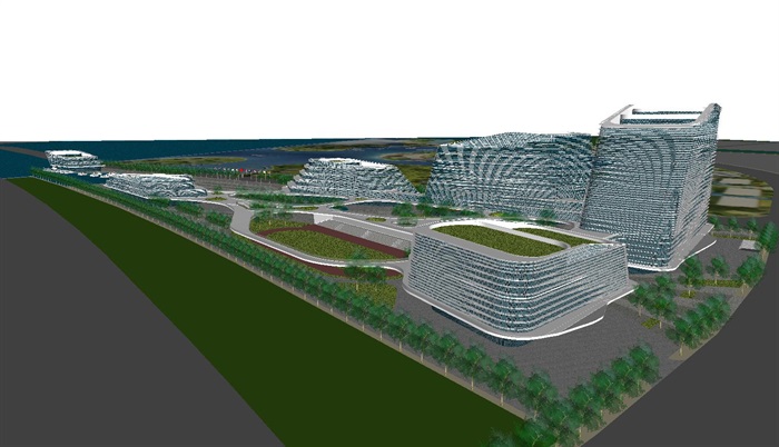 现代线型梅山岛水上游客服务办公中心建筑方案SU模型(2)