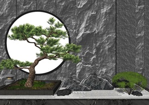 新中式庭院造景假山景观树背景墙SU(草图大师)模型1
