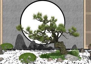 新中式庭院景观 景观小品 景观树 鹅卵石 植物 石头SU(草图大师)模型