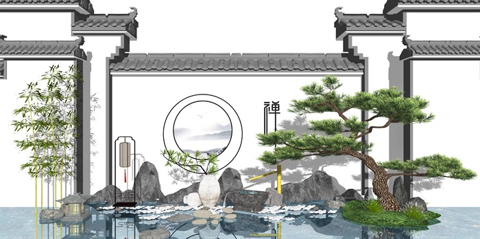 新中式庭院景观小品景墙设计su模型