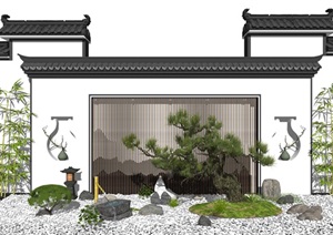 新中式景观小品 庭院景观 景墙 跌水景观 鹅卵石 SU(草图大师)模型