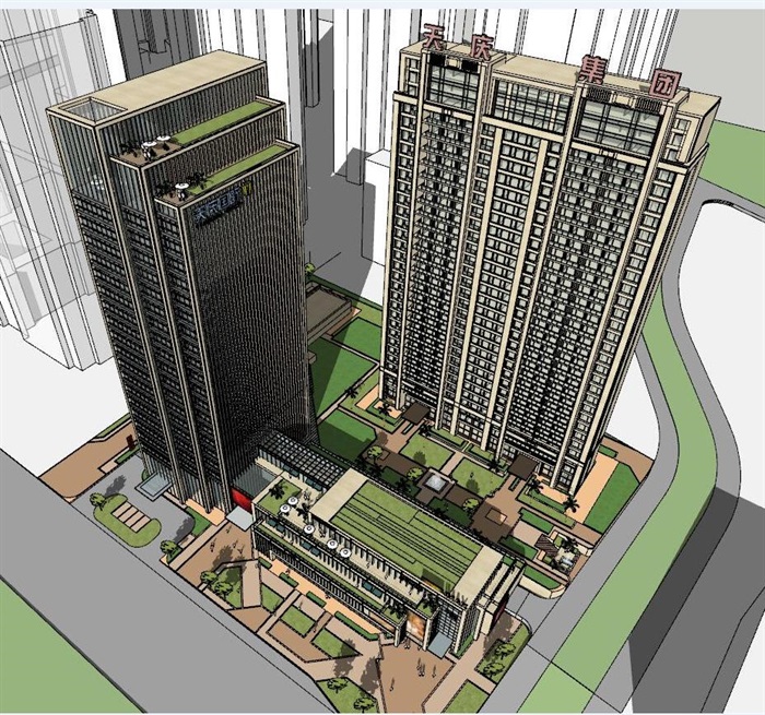 兰州天庆·山河一品滨江高层豪宅+办公楼+商业建筑与景观方案SU模型(4)