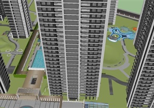 杭州越秀湖山悦现代轻奢高层湖景豪宅项目建筑与景观SU(草图大师)模型