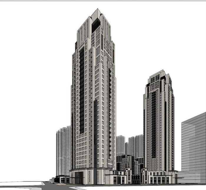 西安世茂文景路·云端大都会新古典风格轻奢豪宅高层项目建筑方案SU模型(9)