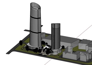 现代风格高层双塔办公建筑楼设计SU(草图大师)模型