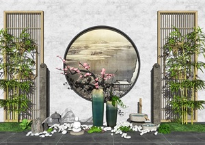 新中式庭院景观 景观小品 枯枝 隔断 鹅卵石 石磨SU(草图大师)模型