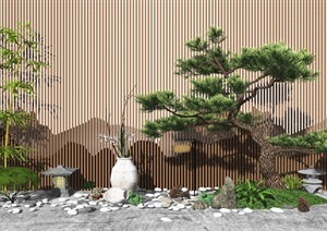 新中式庭院景观 景观小品 景观树 盆栽 鹅卵石 背景墙SU(草图大师)模型
