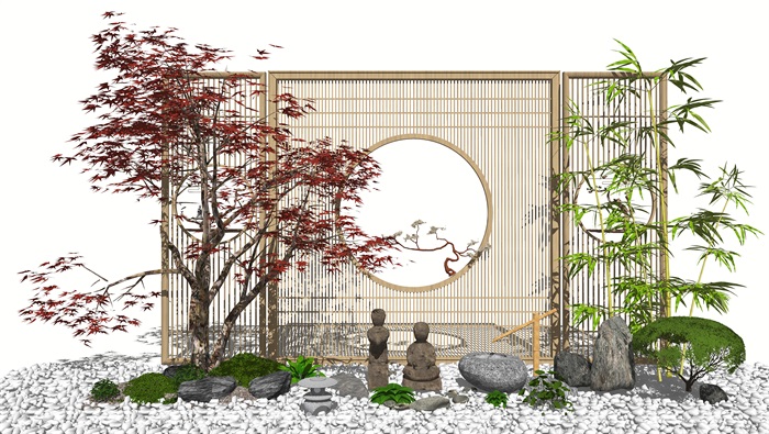 新中式庭院景观景观小品 跌水景观 隔断 景观树 鹅卵石 假山石头su模型(1)