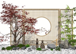 新中式庭院景观景观小品 跌水景观 隔断 景观树 鹅卵石 假山石头SU(草图大师)模型