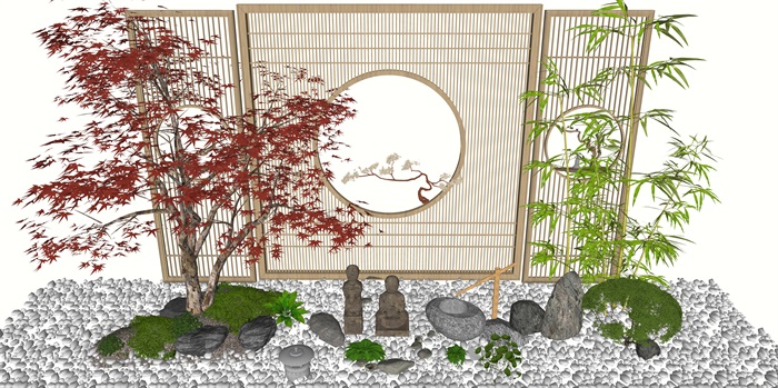 新中式庭院景观景观小品 跌水景观 隔断 景观树 鹅卵石 假山石头su模型(3)