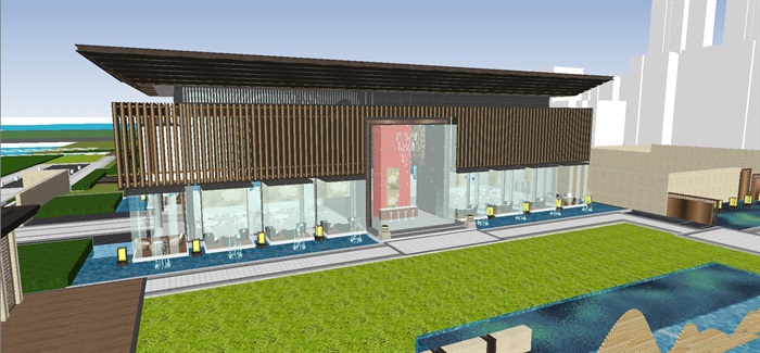 蓝光芙蓉系新中式售楼示范区建筑与景观SU模型(1)