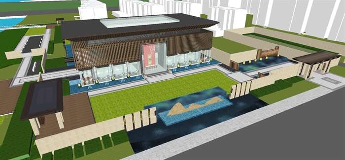 蓝光芙蓉系新中式售楼示范区建筑与景观SU模型(2)