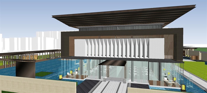 蓝光芙蓉系新中式售楼示范区建筑与景观SU模型(7)