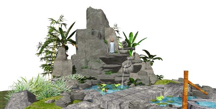 新中式庭院景观 假山叠石 石头 假山 跌水景观 水景SU模型(2)