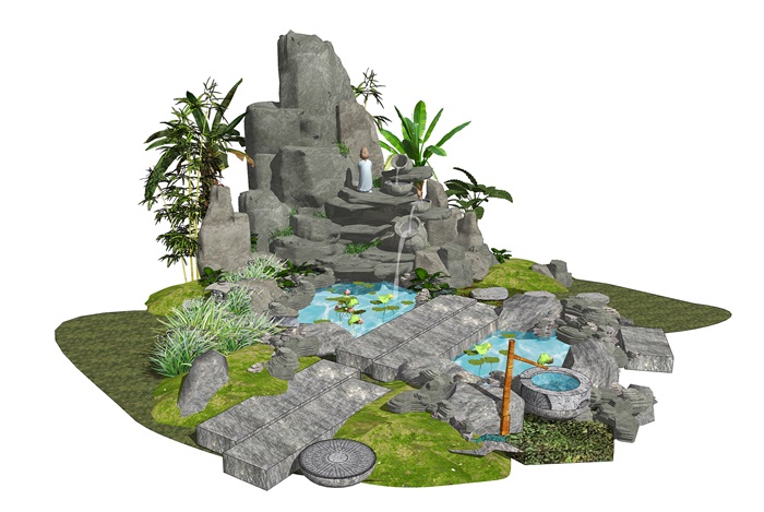 新中式庭院景观 假山叠石 石头 假山 跌水景观 水景SU模型(3)