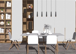 现代餐桌椅组合 餐桌 椅子 背景墙 吊灯SU(草图大师)模型