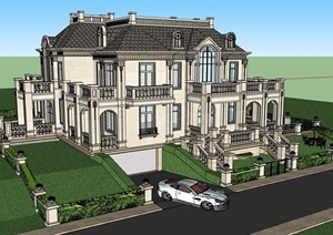 美式风格经典的完整住宅别墅建筑设计SU(草图大师)模型