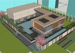 首创紫悦台现代售楼示范区 法式会所建筑与景观方案SU(草图大师)模型