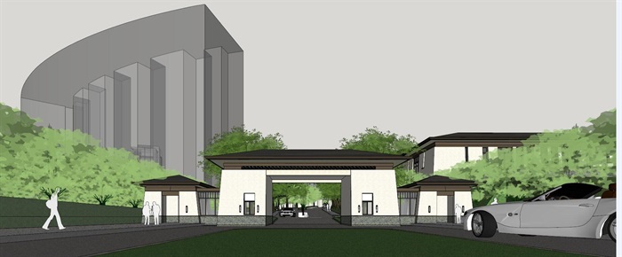 新亚洲风格售楼示范区+联排别墅建筑与景观方案SU模型(1)