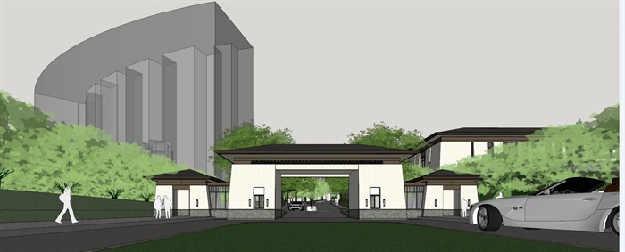 新亚洲风格售楼示范区+联排别墅建筑与景观方案SU模型(2)