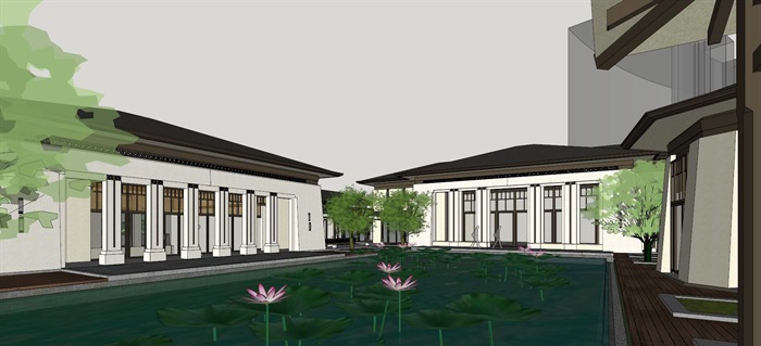 新亚洲风格售楼示范区+联排别墅建筑与景观方案SU模型(3)