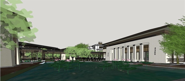 新亚洲风格售楼示范区+联排别墅建筑与景观方案SU模型(4)