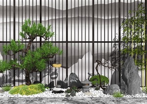 新中式庭院景观小品 景墙 石头 景观树 鹅卵石SU(草图大师)模型