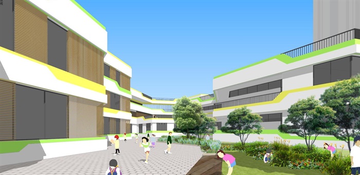现代风格幼儿园（六边型组合）建筑方案SU模型(7)
