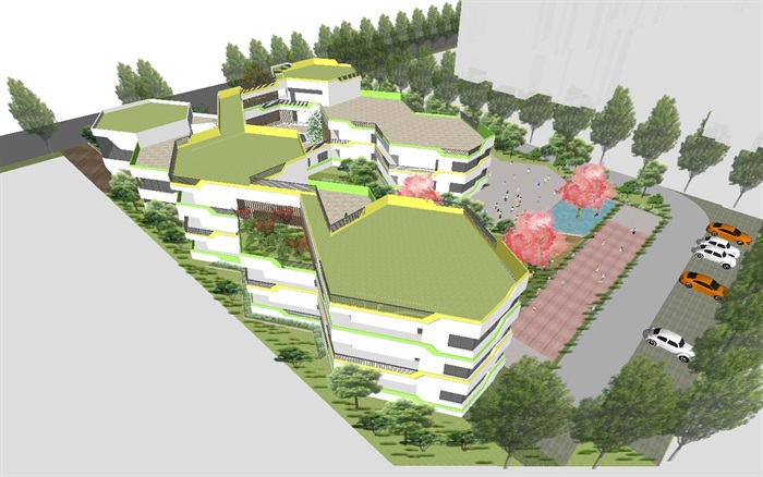 现代风格幼儿园（六边型组合）建筑方案SU模型(10)
