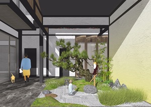 新中式庭院 景观小品 松树 庭院景观 跌水景观 SU(草图大师)模型