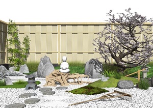 日式枯山水庭院景观 景观小品 围墙石头 枯枝SU(草图大师)模型
