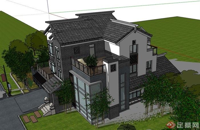 中式详细的住宅别墅建筑su模型