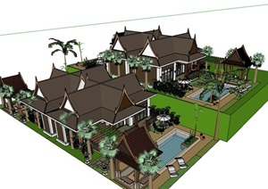 东南亚风格详细的住宅别墅建筑SU(草图大师)模型