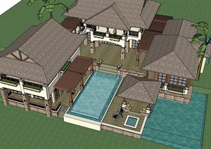 东南亚详细的住宅别墅建筑SU(草图大师)模型