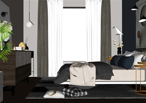 北欧卧室双人床背景墙边几盆栽SU(草图大师)模型