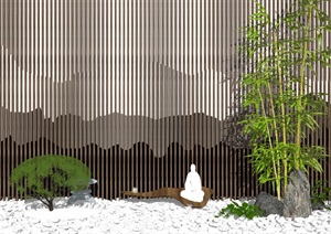 新中式景观小品庭院景观山水景墙石头植物SU(草图大师)模型