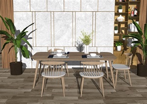 现代餐座椅组合餐桌椅子背景墙吊灯盆栽餐厅SU(草图大师)模型