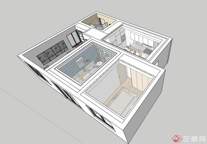 完整的现代风格住宅室内空间设计su模型