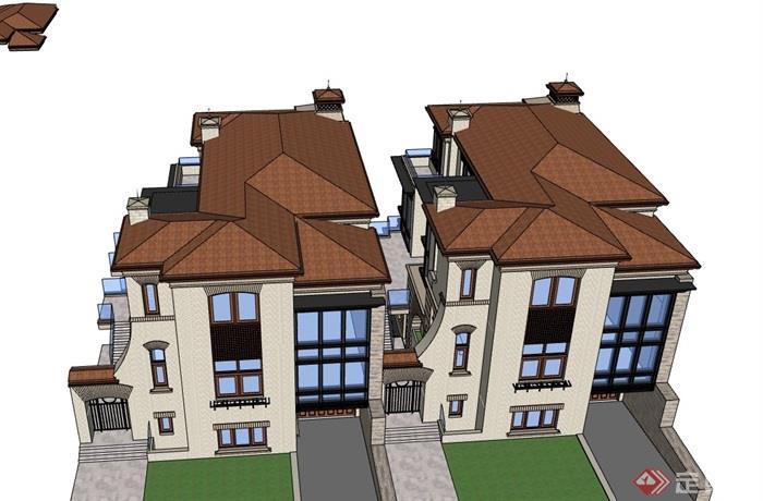 双拼完整的欧式别墅详细建筑su模型