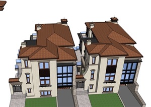 双拼完整的欧式别墅详细建筑SU(草图大师)模型
