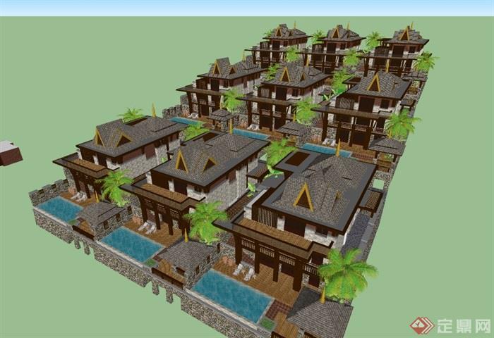 东南亚风格度假别墅详细建筑su模型