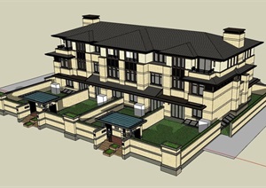三层完整别墅建筑设计SU(草图大师)模型