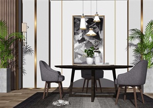 现代餐桌椅组合背景墙盆栽摆件餐桌椅子SU(草图大师)模型