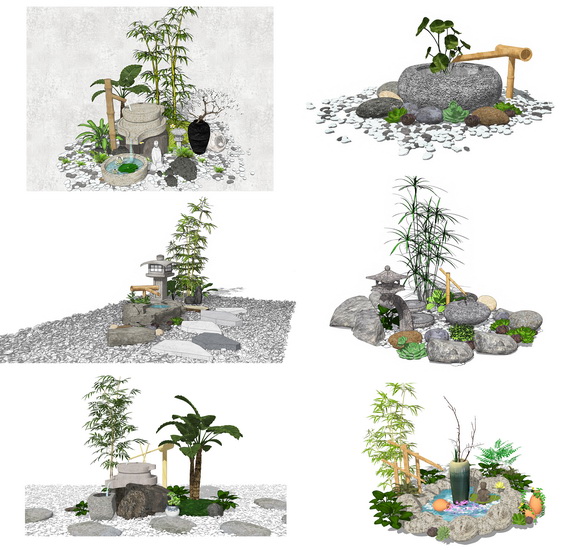 新中式滨水景观 石磨水景 石头su模型(2)