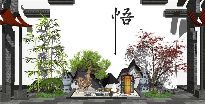 新中式庭院景观景观小品景墙石头植物景观树假山造景su模型 原创