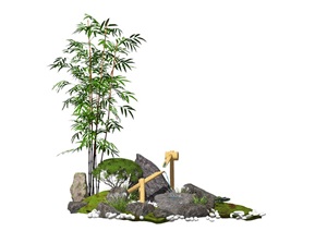 新中式景观小品跌水景观石头植物庭院景观SU(草图大师)模型1