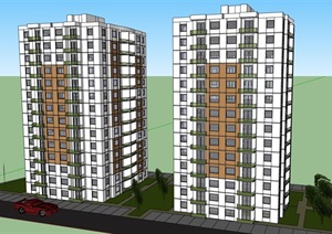 两栋高层住宅建筑设计楼SU(草图大师)模型