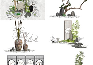 新中式景观小品 石头 跌水植物 盆栽 枯枝组合SU(草图大师)模型