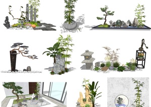 新中式景观小品 盆栽 松树雕塑 石头 叠石假山 植物组合SU(草图大师)模型