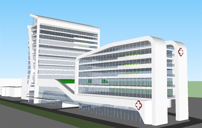 现代风格医院门诊与住院部建筑方案SU模型(2)